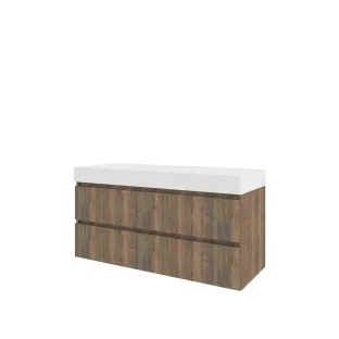 Proline Bathroom furniture - Washbasin loft polystone - Terra oak/Matt white - 120x46x62 cm - Single washbasin without tap hole - 2 drawers milled vertically