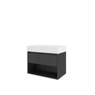 Proline Bathroom furniture - Washbasin loft porcelain - Black oak/Gloss white - 80x46x65 cm - Single washbasin with 1 tap hole - 1 drawer and 1 open shelf