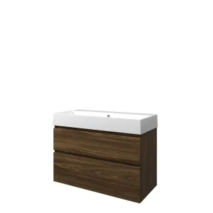 Proline Bathroom furniture - Washbasin loft porcelain - Cabana oak/Gloss white - 100x46x65 cm - Single washbasin with 1 tap hole - 2 asymmetrical drawers