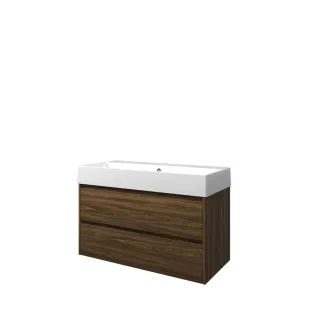 Proline Bathroom furniture - Washbasin loft porcelain - Cabana oak/Gloss white - 100x46x65 cm - Single washbasin with 1 tap hole - 2 symmetrical drawers