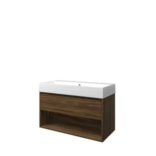 Proline Bathroom furniture - Washbasin loft porcelain - Cabana oak/Gloss white - 100x46x65 cm - Single washbasin without tap hole - 1 drawer and 1 open shelf