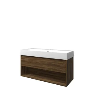 Proline Bathroom furniture - Washbasin loft porcelain - Cabana oak/Gloss white - 120x46x65 cm - Single washbasin with 1 tap hole - 1 drawer and 1 open shelf