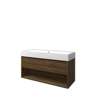 Proline Bathroom furniture - Washbasin loft porcelain - Cabana oak/Gloss white - 120x46x65 cm - Single washbasin with 2 tap holes - 1 drawer and 1 open shelf