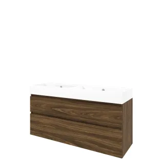 Proline Bathroom furniture - Washbasin loft porcelain - Cabana oak/Gloss white - 140x46x65 cm - Double washbasin without tap hole - 2 asymmetrical drawers