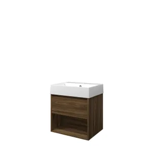 Proline Bathroom furniture - Washbasin loft porcelain - Cabana oak/Gloss white - 60x46x65 cm - Single washbasin with 1 tap hole - 1 drawer and 1 open shelf