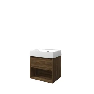 Proline Bathroom furniture - Washbasin loft porcelain - Cabana oak/Gloss white - 60x46x65 cm - Single washbasin without tap hole - 1 drawer and 1 open shelf