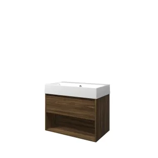 Proline Bathroom furniture - Washbasin loft porcelain - Cabana oak/Gloss white - 80x46x65 cm - Single washbasin with 1 tap hole - 1 drawer and 1 open shelf