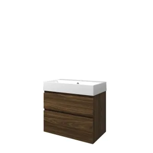 Proline Bathroom furniture - Washbasin loft porcelain - Cabana oak/Gloss white - 80x46x73 cm - Single washbasin with 1 tap hole - 2 asymmetrical drawers