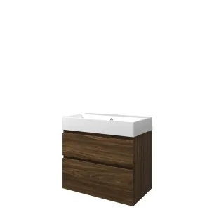 Proline Bathroom furniture - Washbasin loft porcelain - Cabana oak/Gloss white - 80x46x73 cm - Single washbasin without tap hole - 2 asymmetrical drawers