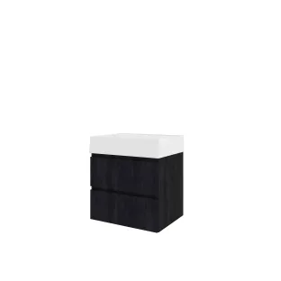 Proline Bathroom furniture - Washbasin loft porcelain - Charcoal oak/Gloss white - 60x46x65 cm - Single washbasin without tap hole - 2 drawers milled vertically