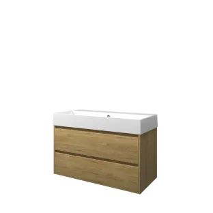 Proline Bathroom furniture - Washbasin loft porcelain - Ideal oak/Gloss white - 100x46x65 cm - Single washbasin with 2 tap holes - 2 symmetrical drawers