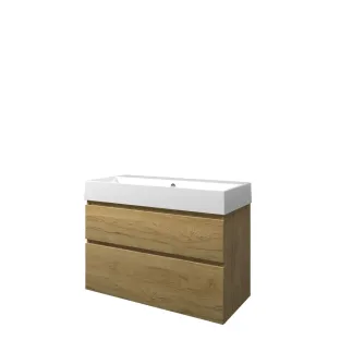 Proline Bathroom furniture - Washbasin loft porcelain - Ideal oak/Gloss white - 100x46x65 cm - Single washbasin without tap hole - 2 asymmetrical drawers