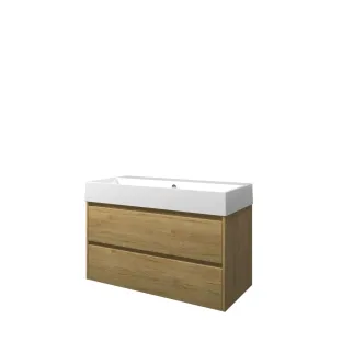 Proline Bathroom furniture - Washbasin loft porcelain - Ideal oak/Gloss white - 100x46x65 cm - Single washbasin without tap hole - 2 symmetrical drawers