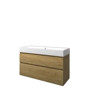 Proline Bathroom furniture - Washbasin loft porcelain - Ideal oak/Gloss white - 120x46x65 cm - Single washbasin with 1 tap hole - 2 asymmetrical drawers