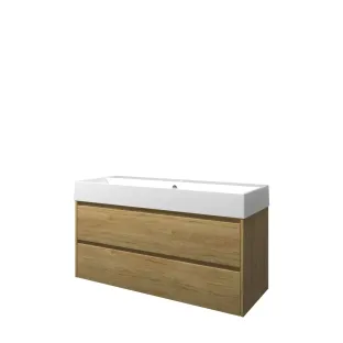 Proline Bathroom furniture - Washbasin loft porcelain - Ideal oak/Gloss white - 120x46x65 cm - Single washbasin with 1 tap hole - 2 symmetrical drawers