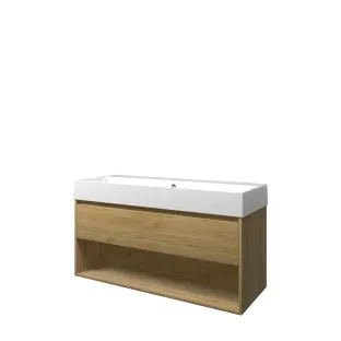 Proline Bathroom furniture - Washbasin loft porcelain - Ideal oak/Gloss white - 120x46x65 cm - Single washbasin with 2 tap holes - 1 drawer and 1 open shelf