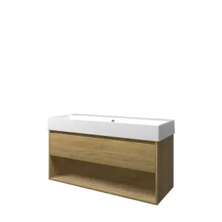 Proline Bathroom furniture - Washbasin loft porcelain - Ideal oak/Gloss white - 120x46x65 cm - Single washbasin without tap hole - 1 drawer and 1 open shelf