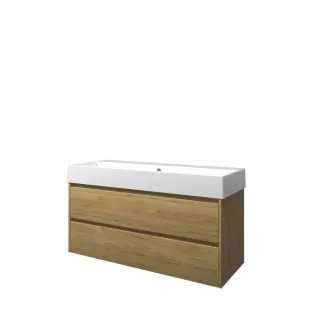 Proline Bathroom furniture - Washbasin loft porcelain - Ideal oak/Gloss white - 120x46x65 cm - Single washbasin without tap hole - 2 symmetrical drawers