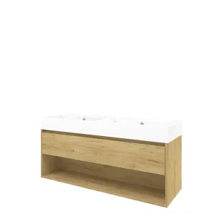 Proline Bathroom furniture - Washbasin loft porcelain - Ideal oak/Gloss white - 140x46x65 cm - Double washbasin with 2 tap holes - 1 drawer and 1 open shelf