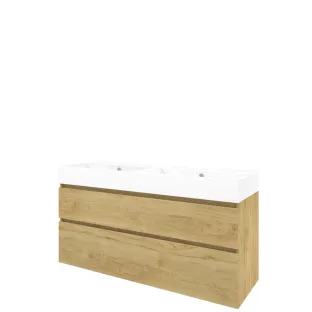 Proline Bathroom furniture - Washbasin loft porcelain - Ideal oak/Gloss white - 140x46x65 cm - Double washbasin with 2 tap holes - 2 asymmetrical drawers