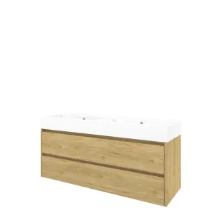 Proline Bathroom furniture - Washbasin loft porcelain - Ideal oak/Gloss white - 140x46x65 cm - Double washbasin with 2 tap holes - 2 symmetrical drawers