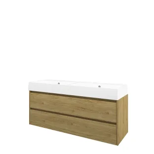 Proline Bathroom furniture - Washbasin loft porcelain - Ideal oak/Gloss white - 140x46x65 cm - Double washbasin without tap hole - 2 symmetrical drawers