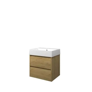 Proline Bathroom furniture - Washbasin loft porcelain - Ideal oak/Gloss white - 60x46x65 cm - Single washbasin with 1 tap hole - 2 symmetrical drawers