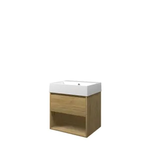 Proline Bathroom furniture - Washbasin loft porcelain - Ideal oak/Gloss white - 60x46x65 cm - Single washbasin without tap hole - 1 drawer and 1 open shelf