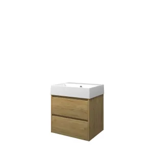 Proline Bathroom furniture - Washbasin loft porcelain - Ideal oak/Gloss white - 60x46x65 cm - Single washbasin without tap hole - 2 symmetrical drawers