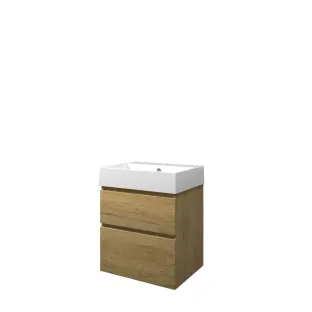 Proline Bathroom furniture - Washbasin loft porcelain - Ideal oak/Gloss white - 60x46x73 cm - Single washbasin with 1 tap hole - 2 asymmetrical drawers