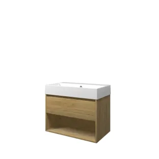 Proline Bathroom furniture - Washbasin loft porcelain - Ideal oak/Gloss white - 80x46x65 cm - Single washbasin with 1 tap hole - 1 drawer and 1 open shelf