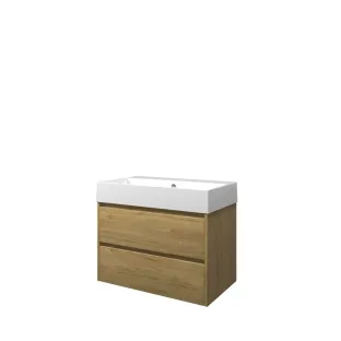 Proline Bathroom furniture - Washbasin loft porcelain - Ideal oak/Gloss white - 80x46x65 cm - Single washbasin with 1 tap hole - 2 symmetrical drawers