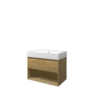 Proline Bathroom furniture - Washbasin loft porcelain - Ideal oak/Gloss white - 80x46x65 cm - Single washbasin without tap hole - 1 drawer and 1 open shelf