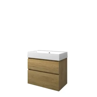 Proline Bathroom furniture - Washbasin loft porcelain - Ideal oak/Gloss white - 80x46x73 cm - Single washbasin with 1 tap hole - 2 asymmetrical drawers