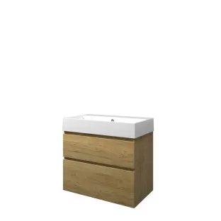 Proline Bathroom furniture - Washbasin loft porcelain - Ideal oak/Gloss white - 80x46x73 cm - Single washbasin without tap hole - 2 asymmetrical drawers