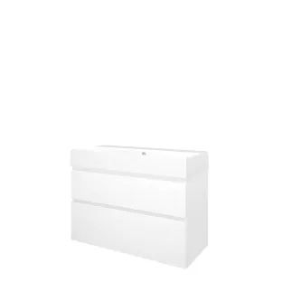 Proline Bathroom furniture - Washbasin loft porcelain - Matt white/Gloss white - 100x46x65 cm - Single washbasin with 2 tap holes - 2 asymmetrical drawers