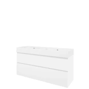 Proline Bathroom furniture - Washbasin loft porcelain - Matt white/Gloss white - 140x46x65 cm - Double washbasin without tap hole - 2 asymmetrical drawers