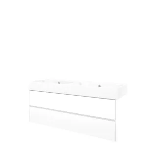 Proline Bathroom furniture - Washbasin loft porcelain - Matt white/Gloss white - 140x46x65 cm - Double washbasin without tap hole - 2 symmetrical drawers