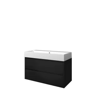 Proline Bathroom furniture - Washbasin loft porcelain - Matt black/Gloss white - 100x46x65 cm - Single washbasin without tap hole - 2 symmetrical drawers