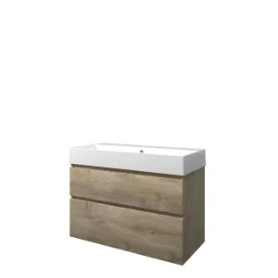 Proline Bathroom furniture - Washbasin loft porcelain - Raw oak/Gloss white - 100x46x65 cm - Single washbasin with 1 tap hole - 2 asymmetrical drawers