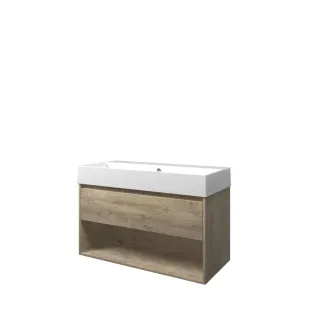 Proline Bathroom furniture - Washbasin loft porcelain - Raw oak/Gloss white - 100x46x65 cm - Single washbasin without tap hole - 1 drawer and 1 open shelf