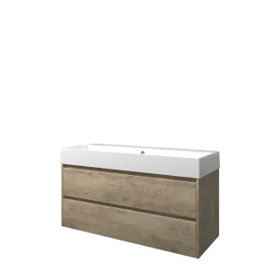 Proline Bathroom furniture - Washbasin loft porcelain - Raw oak/Gloss white - 120x46x65 cm - Single washbasin with 1 tap hole - 2 symmetrical drawers