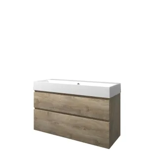 Proline Bathroom furniture - Washbasin loft porcelain - Raw oak/Gloss white - 120x46x65 cm - Single washbasin with 2 tap holes - 2 asymmetrical drawers