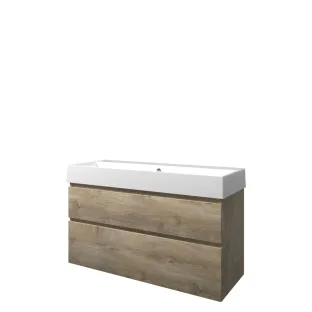 Proline Bathroom furniture - Washbasin loft porcelain - Raw oak/Gloss white - 120x46x65 cm - Single washbasin without tap hole - 2 asymmetrical drawers