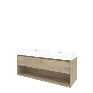 Proline Bathroom furniture - Washbasin loft porcelain - Raw oak/Gloss white - 140x46x65 cm - Double washbasin with 2 tap holes - 1 drawer and 1 open shelf