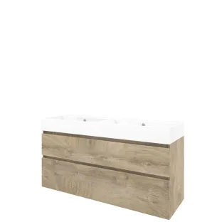 Proline Bathroom furniture - Washbasin loft porcelain - Raw oak/Gloss white - 140x46x65 cm - Double washbasin with 2 tap holes - 2 asymmetrical drawers