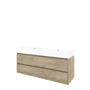 Proline Bathroom furniture - Washbasin loft porcelain - Raw oak/Gloss white - 140x46x65 cm - Double washbasin with 2 tap holes - 2 symmetrical drawers