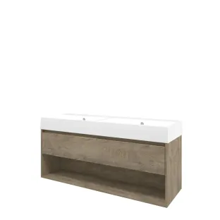 Proline Bathroom furniture - Washbasin loft porcelain - Raw oak/Gloss white - 140x46x65 cm - Double washbasin without tap hole - 1 drawer and 1 open shelf