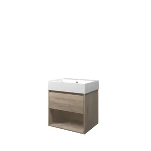 Proline Bathroom furniture - Washbasin loft porcelain - Raw oak/Gloss white - 60x46x65 cm - Single washbasin with 1 tap hole - 1 drawer and 1 open shelf