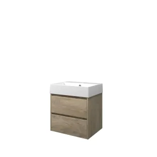 Proline Bathroom furniture - Washbasin loft porcelain - Raw oak/Gloss white - 60x46x65 cm - Single washbasin with 1 tap hole - 2 symmetrical drawers